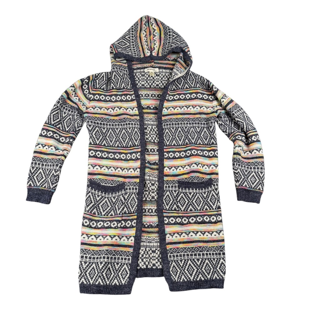 Monteau Boho Geometric Fair Isle Hooded Long Cardigan Sweater Size S 0023